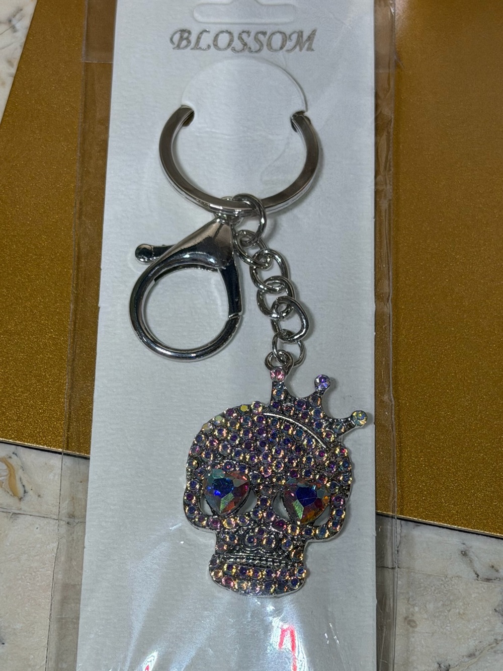 Iridescent Crystal Skull Keychain - Silver
